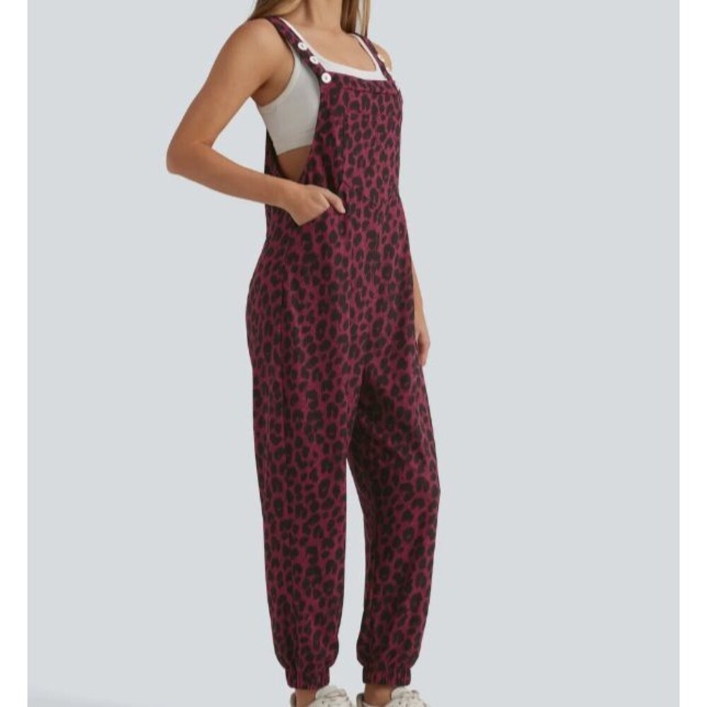 Halara Burgundy Leopard Print Micro Waffle Knit Jogger Overalls Size Medium
